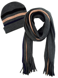 Mens Gray & Beige Knit Winter Scarf & Hat Set