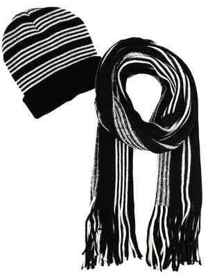 Mens Black & White Stripe Knit Hat & Scarf Set