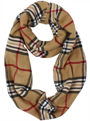 Beige & Tan Plaid Infinity Scarf