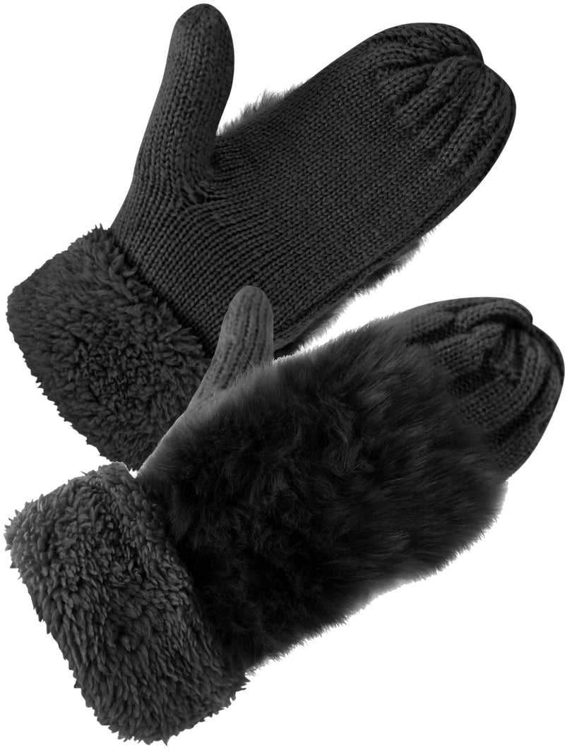Black Faux Fur Trimmed Knit Mitten Gloves