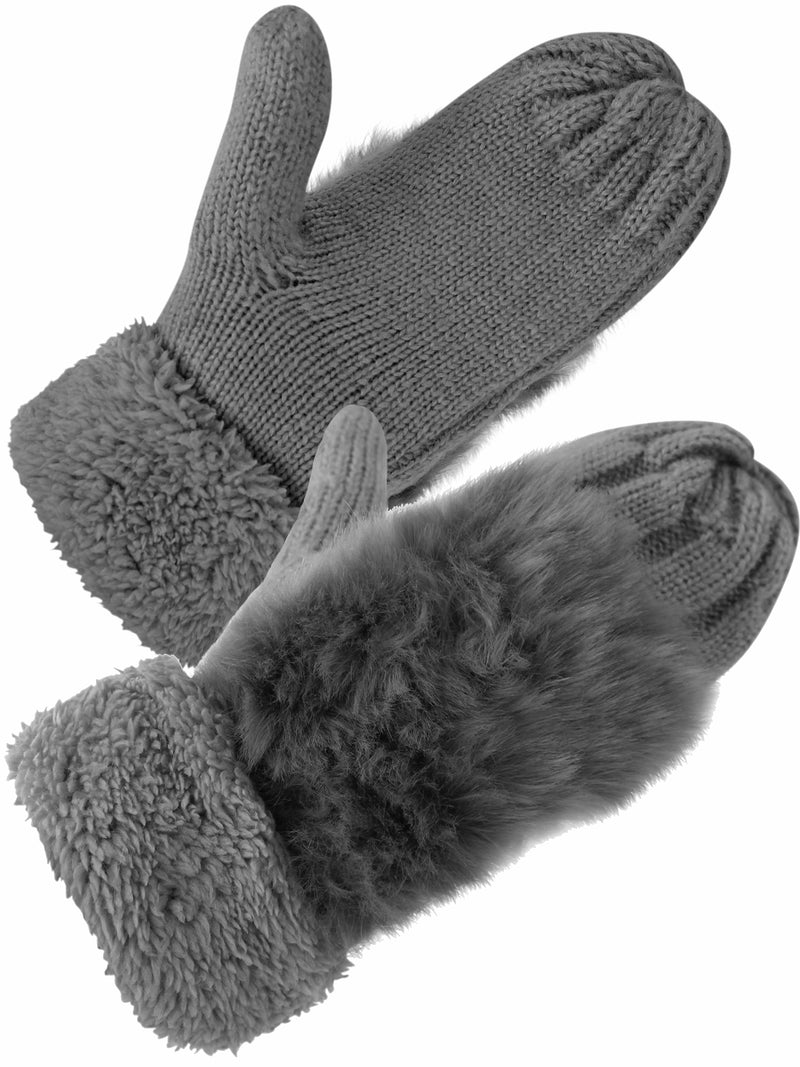 Gray Faux Fur Trimmed Knit Mitten Gloves