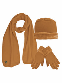 Taupe Plush Fur Trim Fleece Hat Scarf & Glove Set