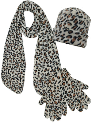 Cheetah Print Fleece 3 Piece Hat Scarf & Gloves Matching Set