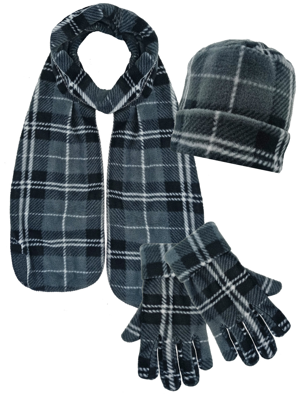 Charcoal Plaid Fleece 3 Piece Hat Scarf & Gloves Matching Set