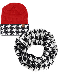 Black White & Red Womens Houndstooth Hat & Scarf Matching Knit Set
