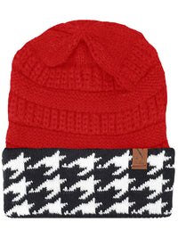 Black White & Red Womens Houndstooth Hat & Scarf Matching Knit Set