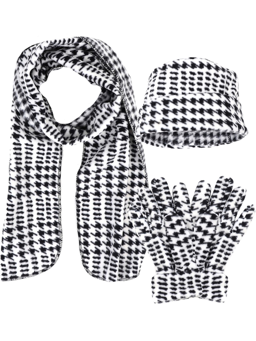 Black & White Houndstooth Fleece 3-Piece Hat Scarf & Glove Matching Set