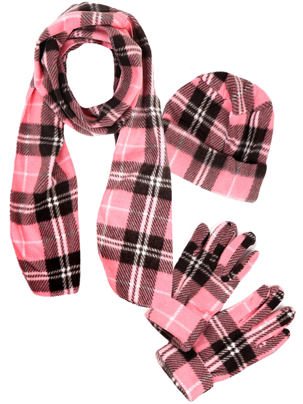 Pink Plaid Fleece 3-Piece Hat Scarf & Glove Matching Set