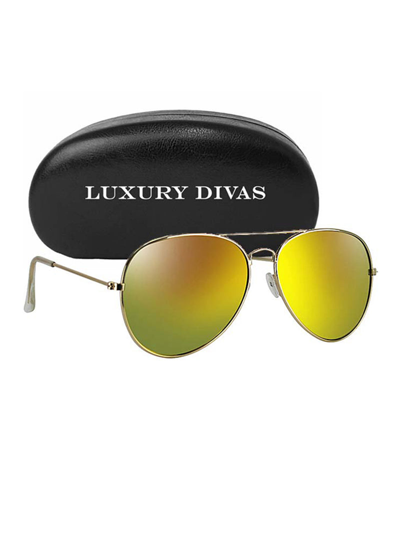 Gold Frame Yellow Mirror Lens Aviator Sunglasses With Case