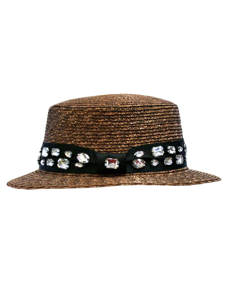 Straw Sun Hat With Black Rhinestone Band
