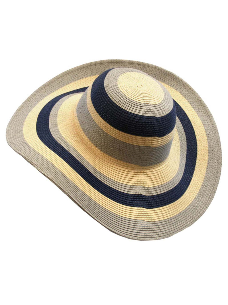 Navy Gray Wide Brim Floppy Hat With Stripes
