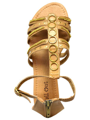 Tan Studded Strappy Womens Sandals With Chain Trim