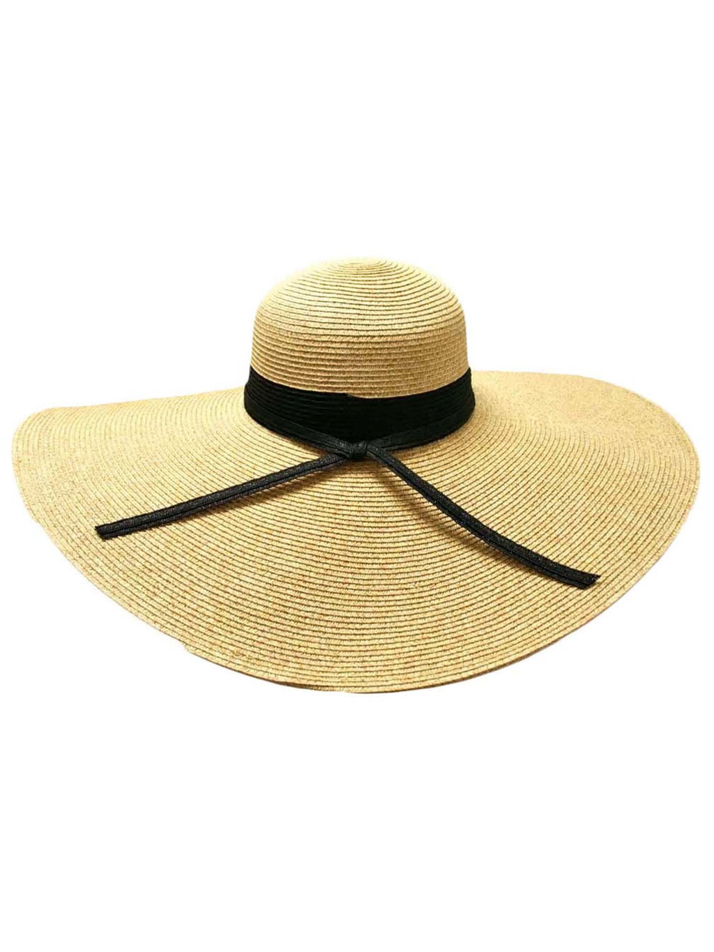 Natural Wide Brim Floppy Hat With Black Ribbon Hat Band