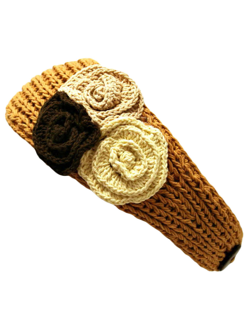 Crochet Headband With Three Knit Flowers