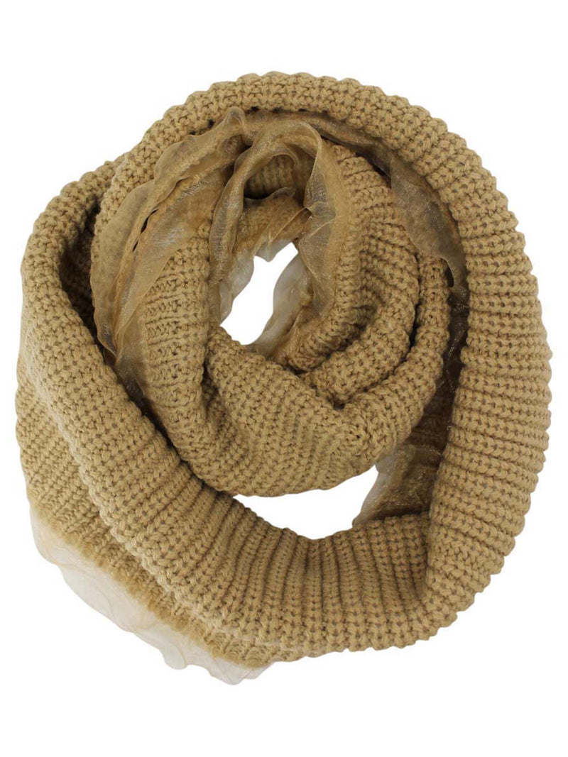 Ribbed Knit Circle Infinity Scarf With Chiffon
