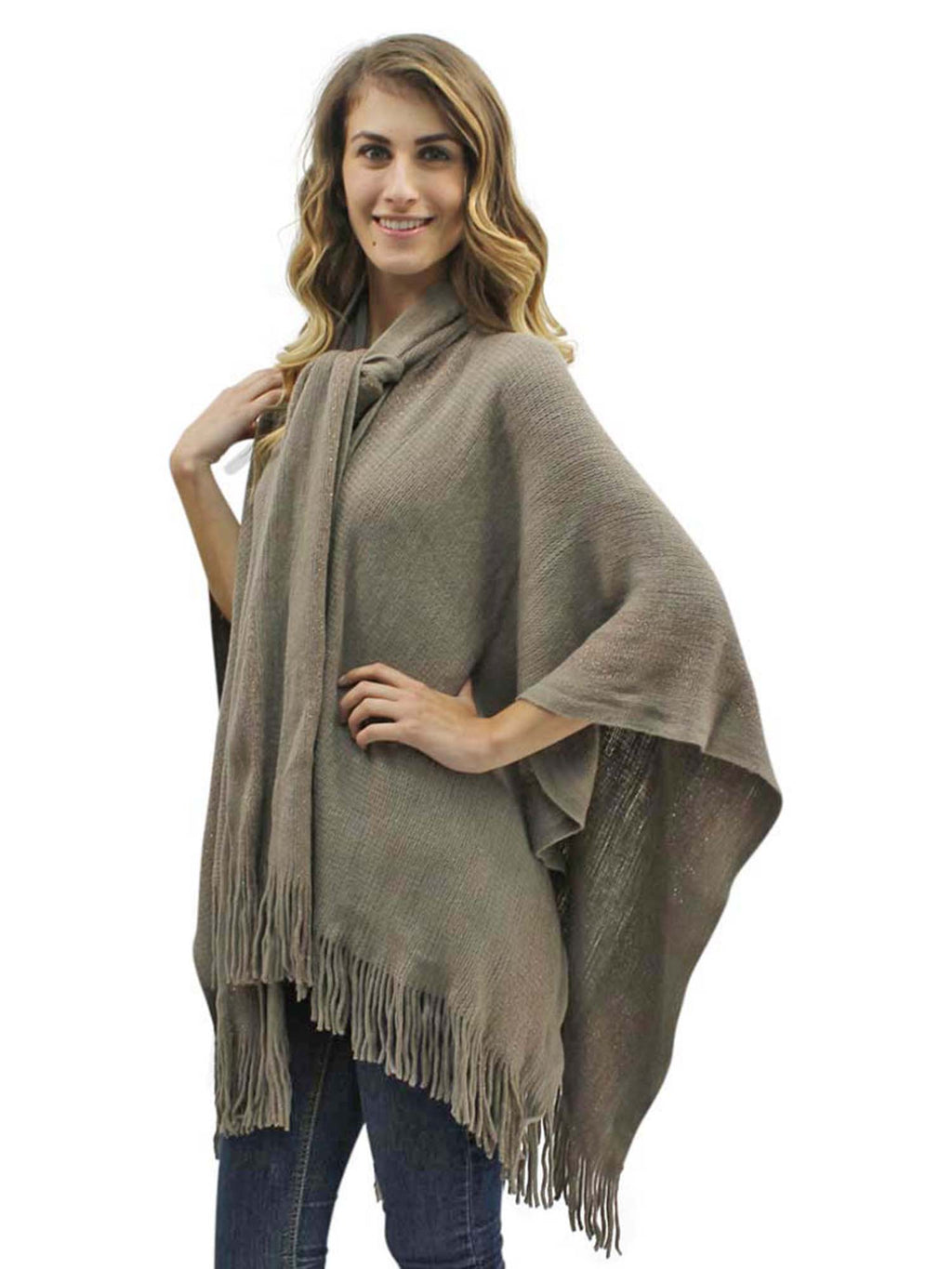 Two-Tone Fringed Shawl With Attached Scarf