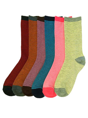 Thin Striped Multicolor Womens 6 Pack Crew Socks