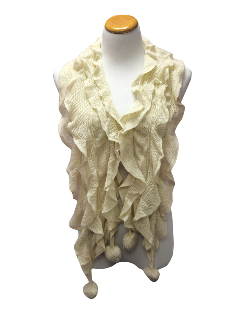 Ruffled Knit Oblong Scarf With Pom Poms