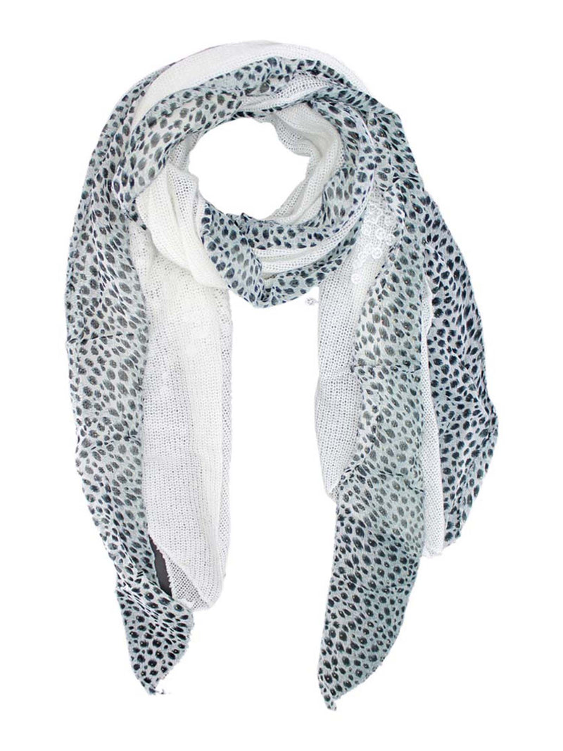 Animal Print & Knit Panel Scarf With Lace Trim