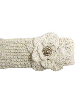Hand Knit Headband With Rhinestone Flower