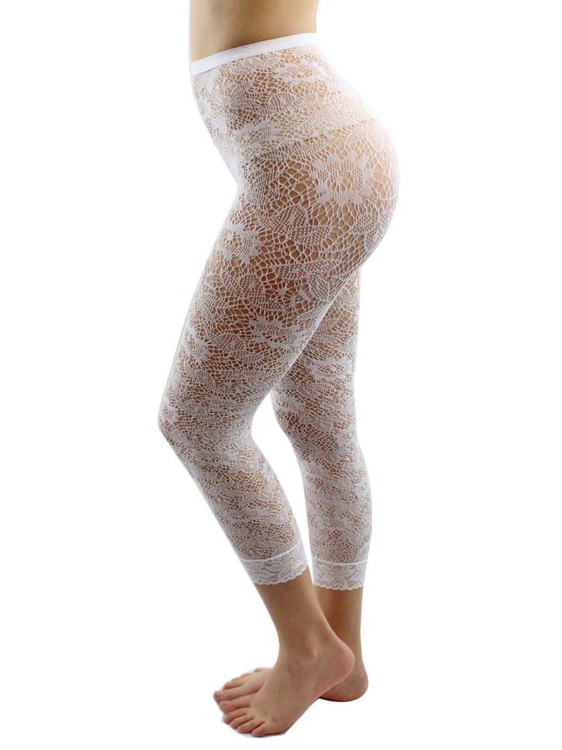White Floral Lace Capri Length Stretchy Tights
