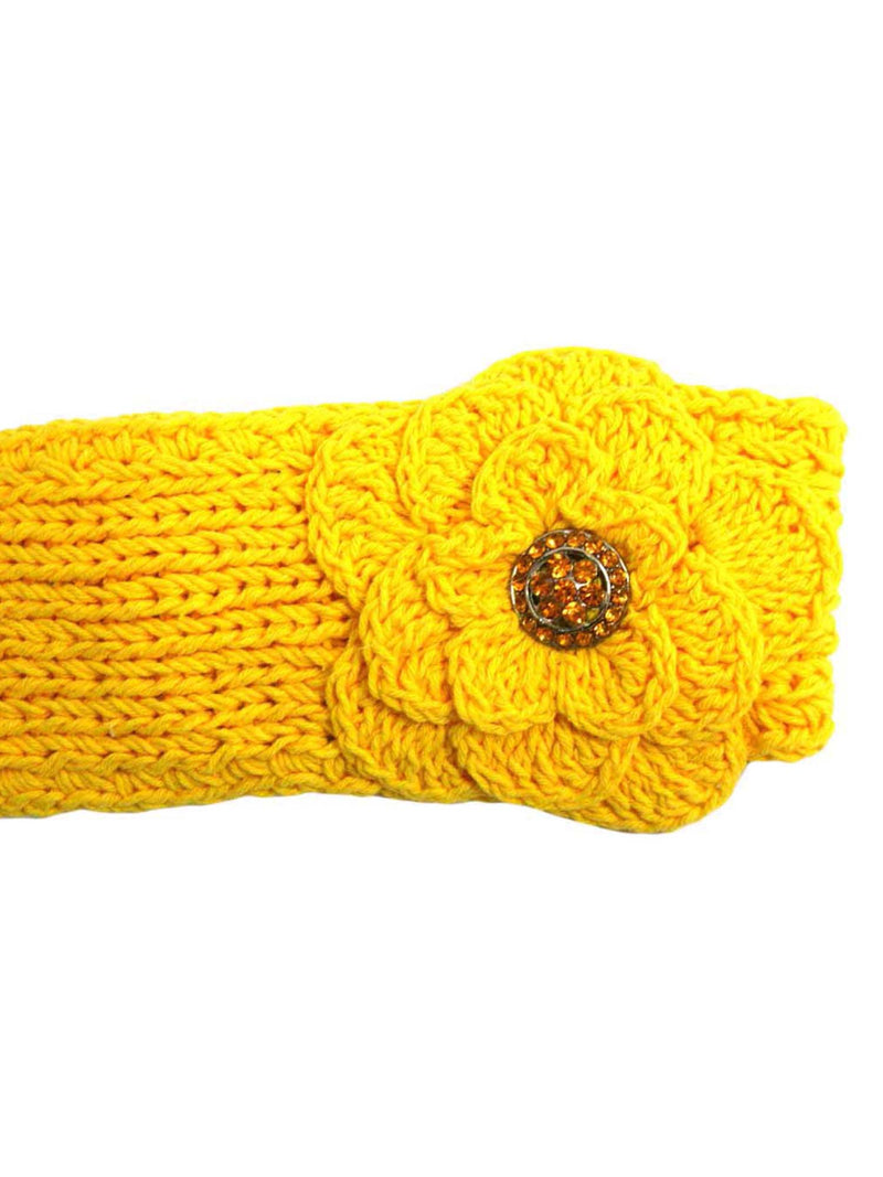 Yellow Crochet Headband With Rhinestone Flower